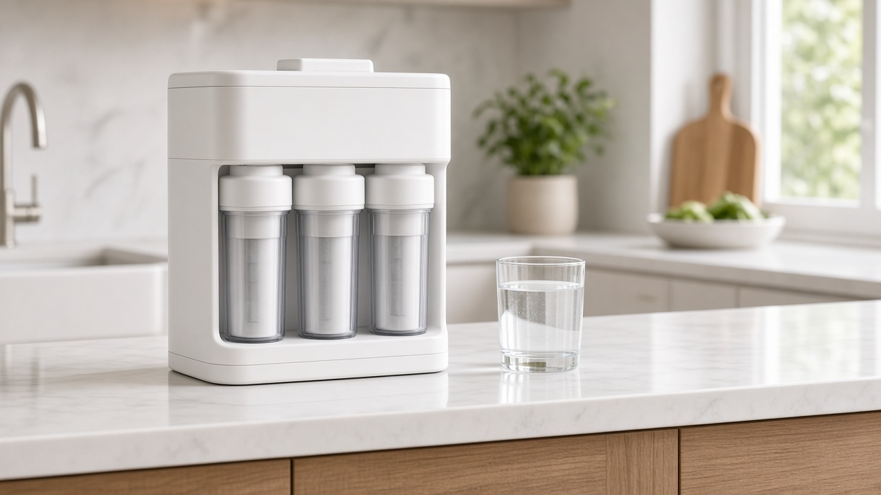 Countertop RO-style water purifier on a kitchen counter