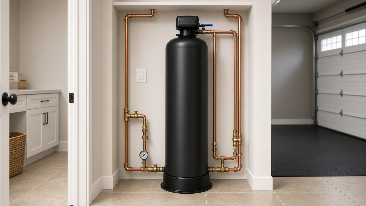 Whole-house point-of-entry filter tank near a home water line